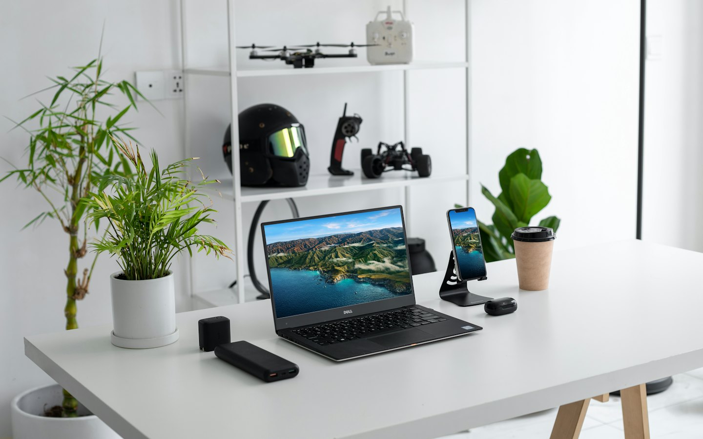 Moderner, aufgeräumter Arbeitsplatz mit Laptop, Pflanzen und Hobbyartikeln in Regalen.